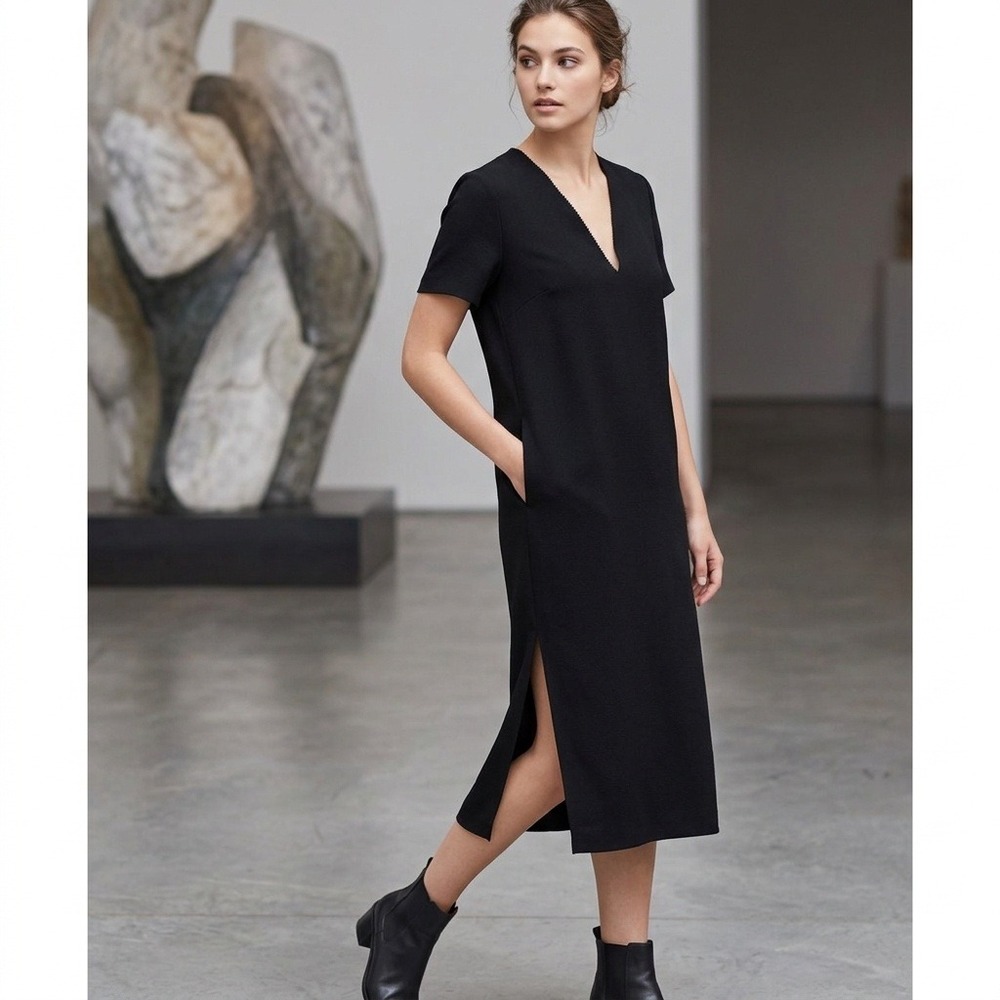 & Other Stories V-Neck Midi Dress Short Sleeve Side‎ Slit Pockets Black Size 6